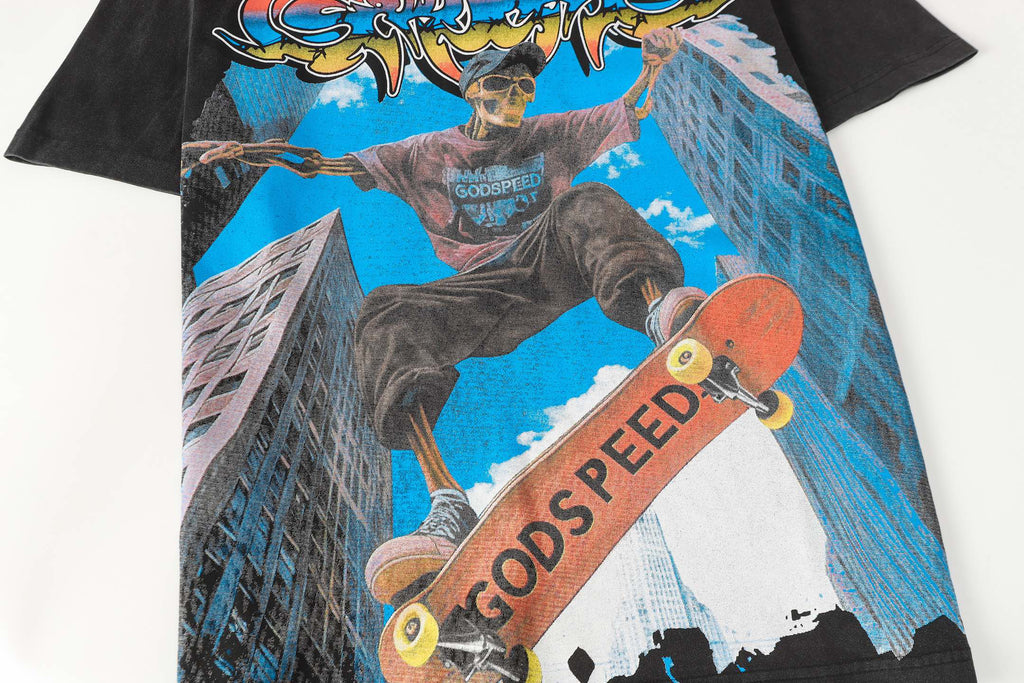 Godspeed Skeleton Skateboard City Graphic T‑Shirt (Washed Black)