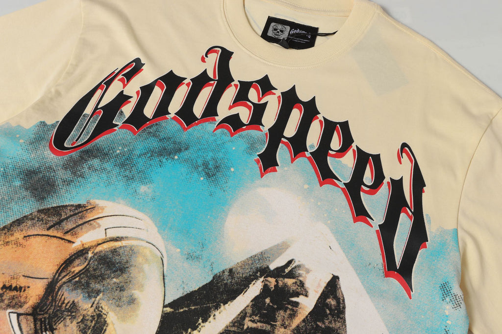 Godspeed Astronaut & Egyptian Pyramid Vintage Short‑Sleeve Tee (Cream Yellow)