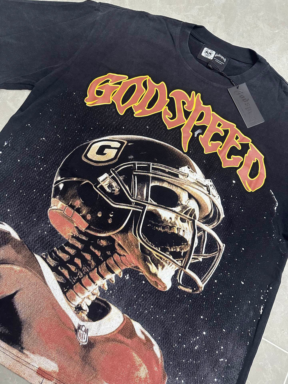 Godspeed Football Skeleton Vintage Short‑Sleeve Tee (Washed Black)