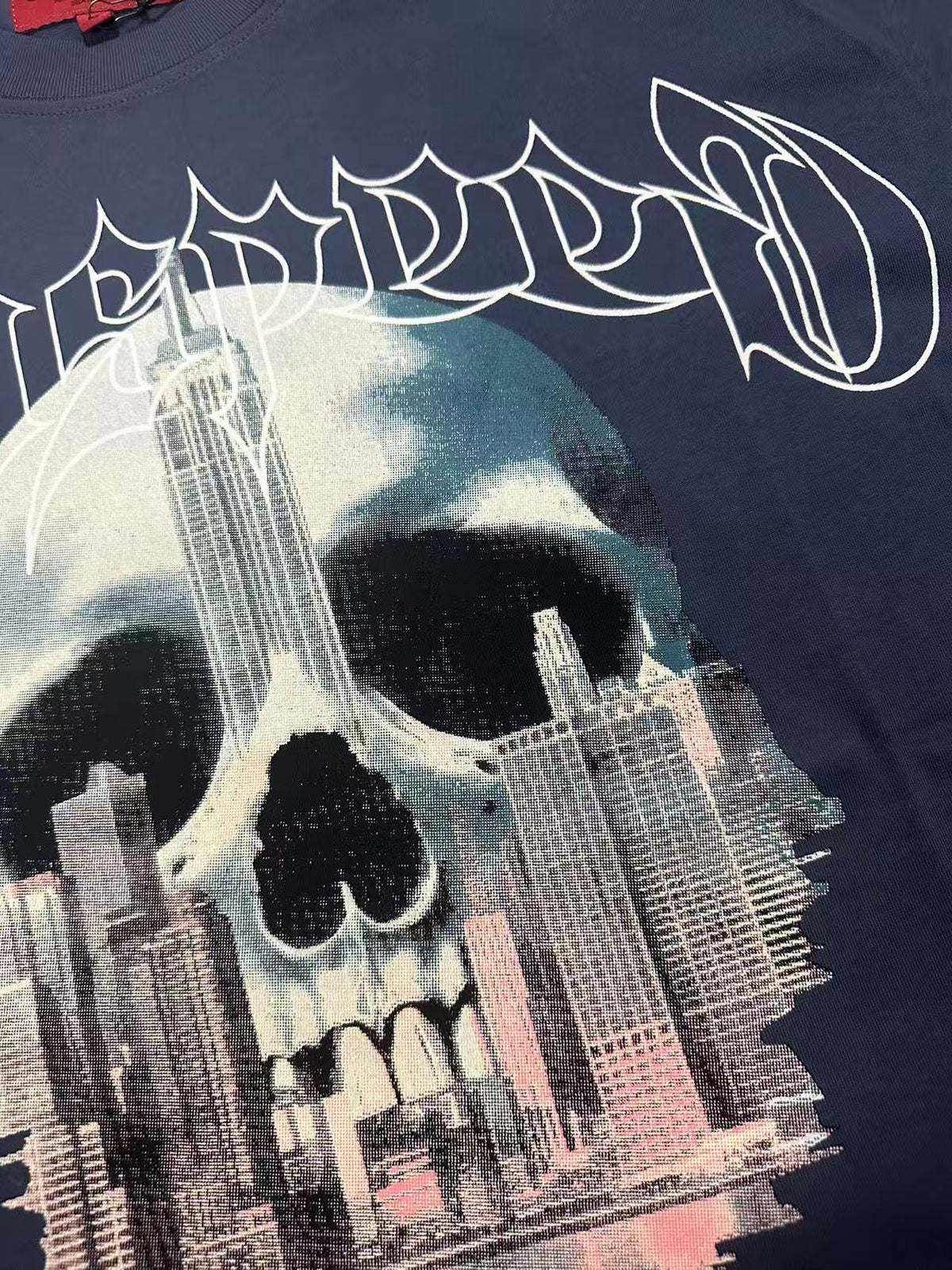 Godspeed NYC Skull Skyline Vintage Graphic Tee (Slate Blue)