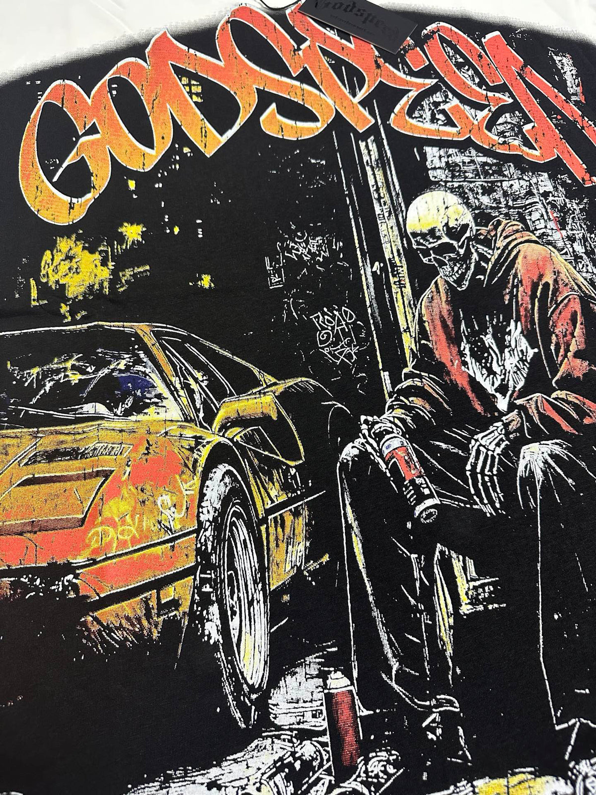 Godspeed Urban Skeleton Night Car Vintage Short‑Sleeve Tee (White)
