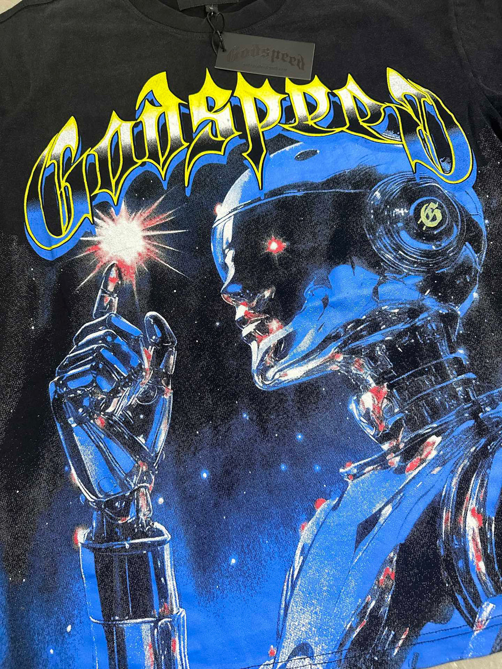 Godspeed Blue Space Robot Vintage Short‑Sleeve Tee (Washed Black)