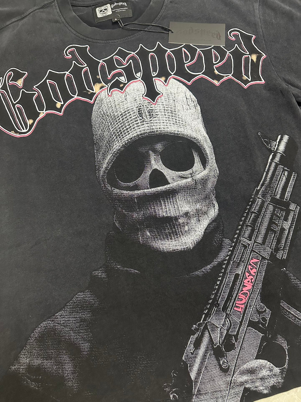 Godspeed Skull Balaclava Gunman Vintage Short‑Sleeve Tee (Washed Black)