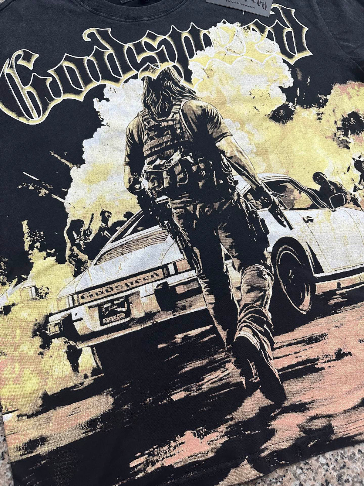 Godspeed Action Scene Retro Car Vintage Short‑Sleeve Tee (Washed Black)