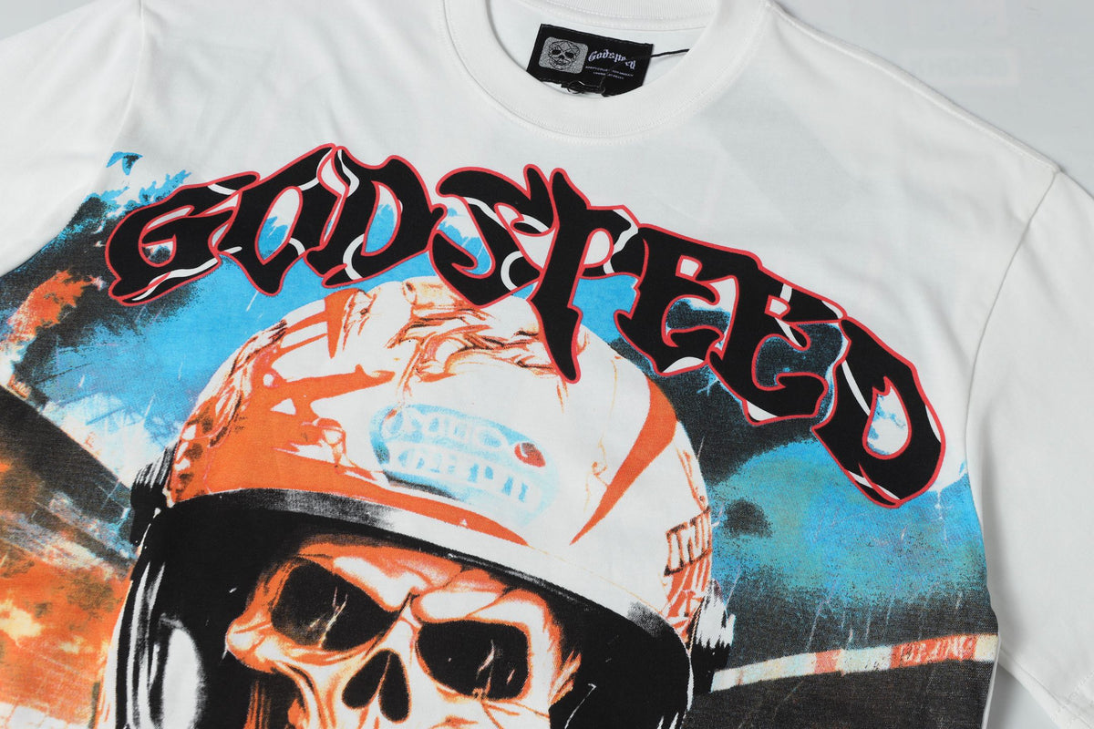 Godspeed Skull Racer Vintage Short‑Sleeve Tee (White)