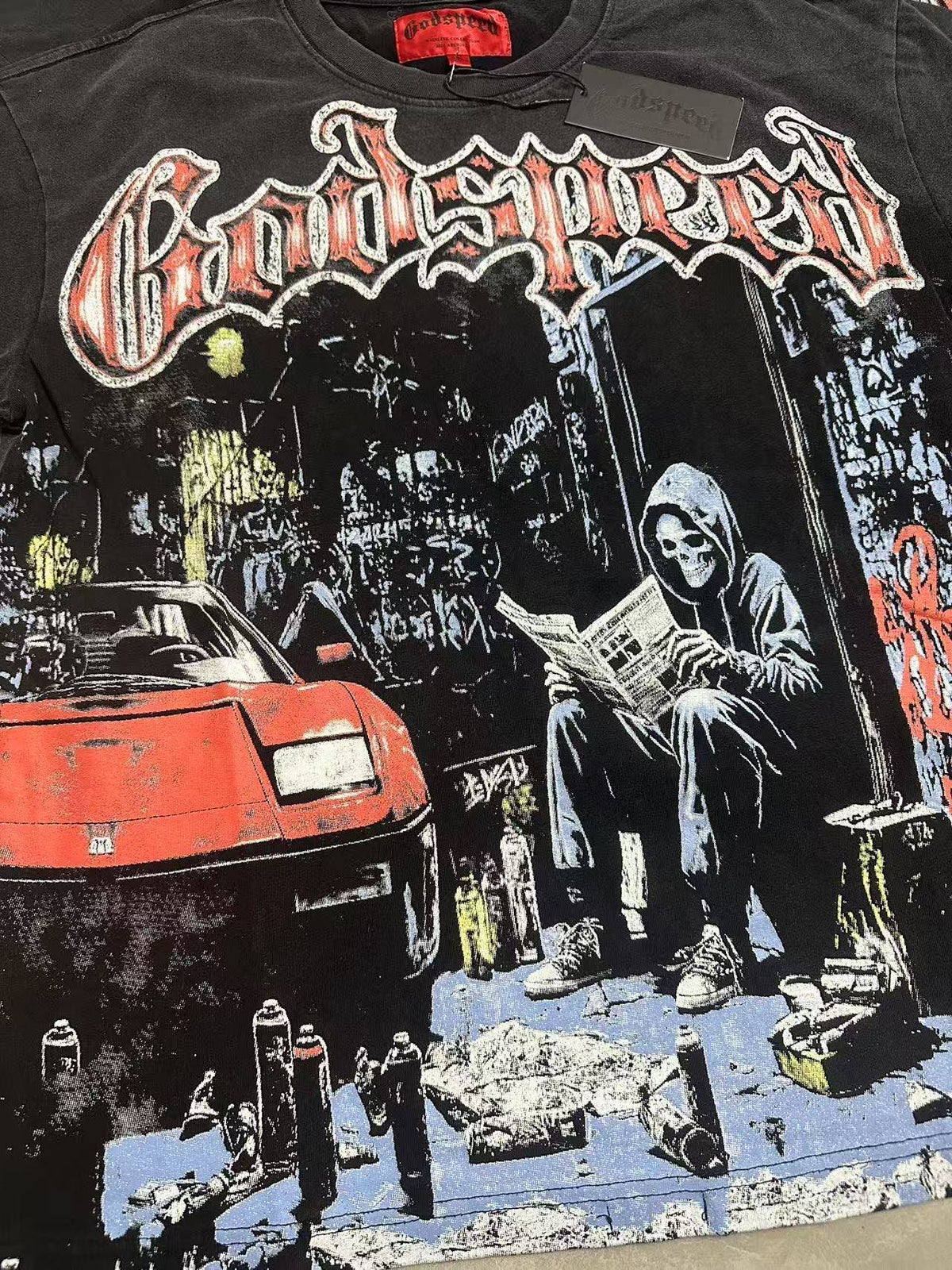 Godspeed Grim Reaper Graffiti Alley Vintage Short‑Sleeve Tee (Washed Black)