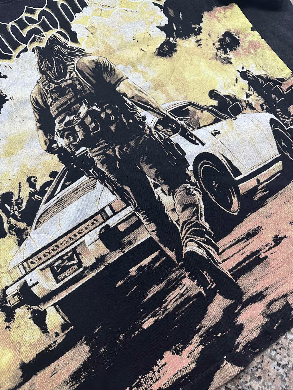 Godspeed Action Scene Retro Car Vintage Short‑Sleeve Tee (Washed Black)