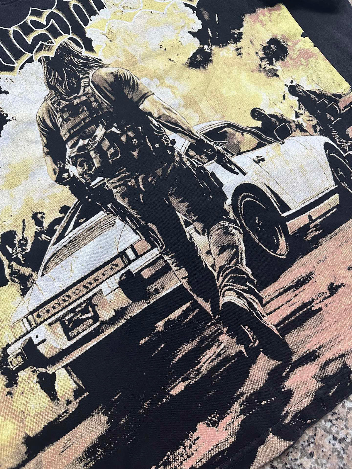 Godspeed Action Scene Retro Car Vintage Short‑Sleeve Tee (Washed Black)