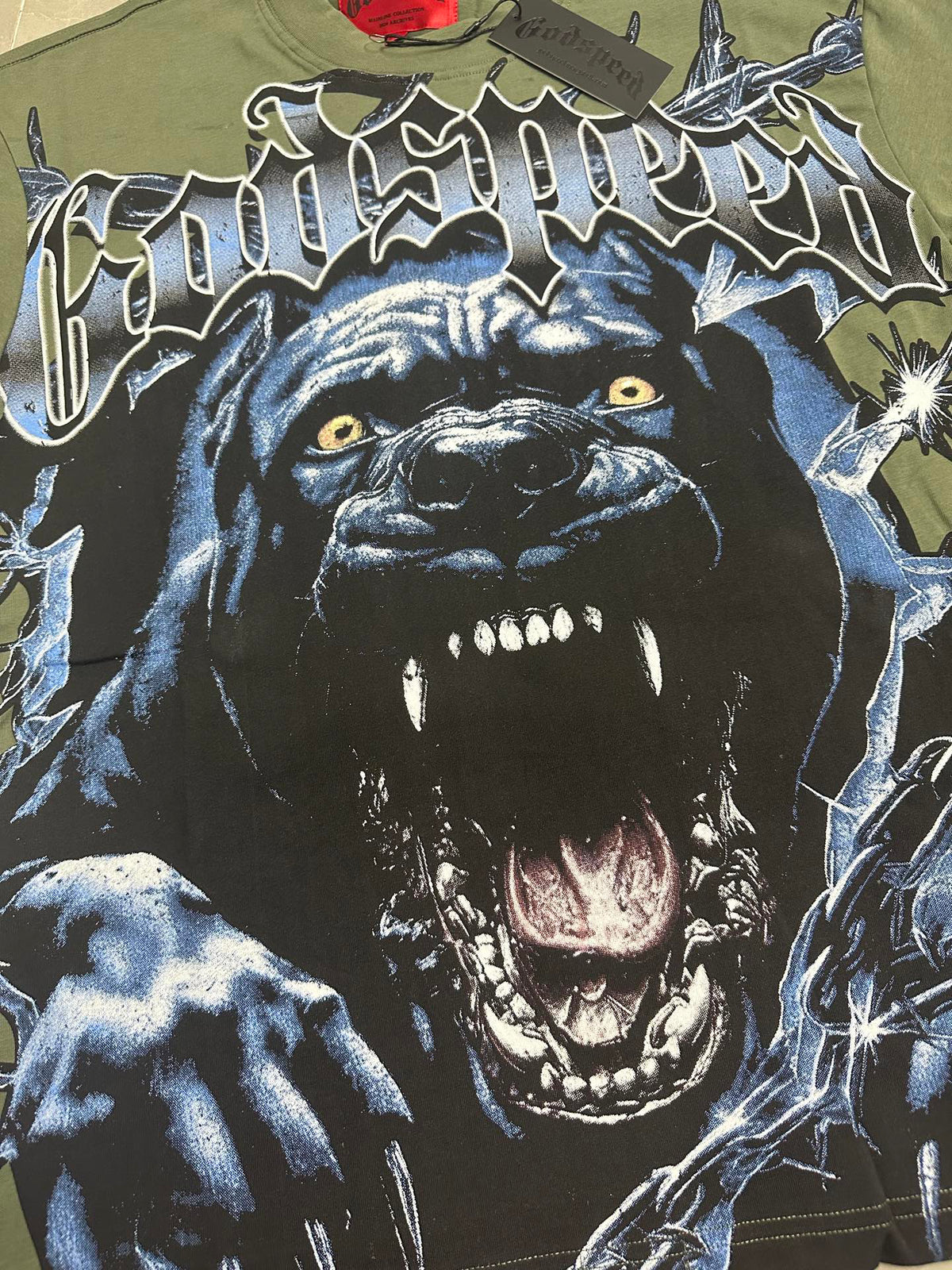 Godspeed Roaring Pitbull Vintage Short‑Sleeve Tee (Olive Green)