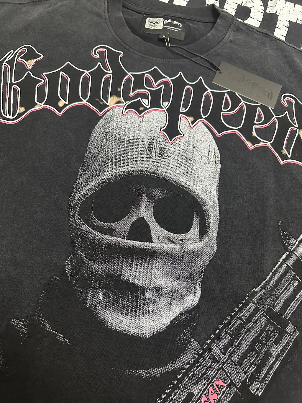 Godspeed Skull Balaclava Gunman Vintage Short‑Sleeve Tee (Washed Black)
