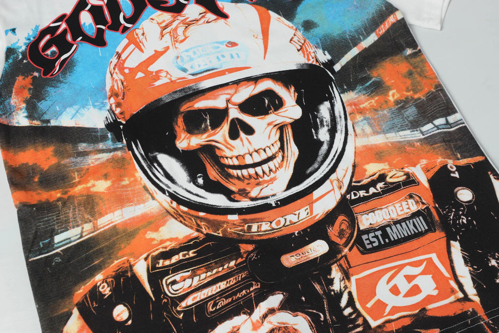Godspeed Skull Racer Vintage Short‑Sleeve Tee (White)