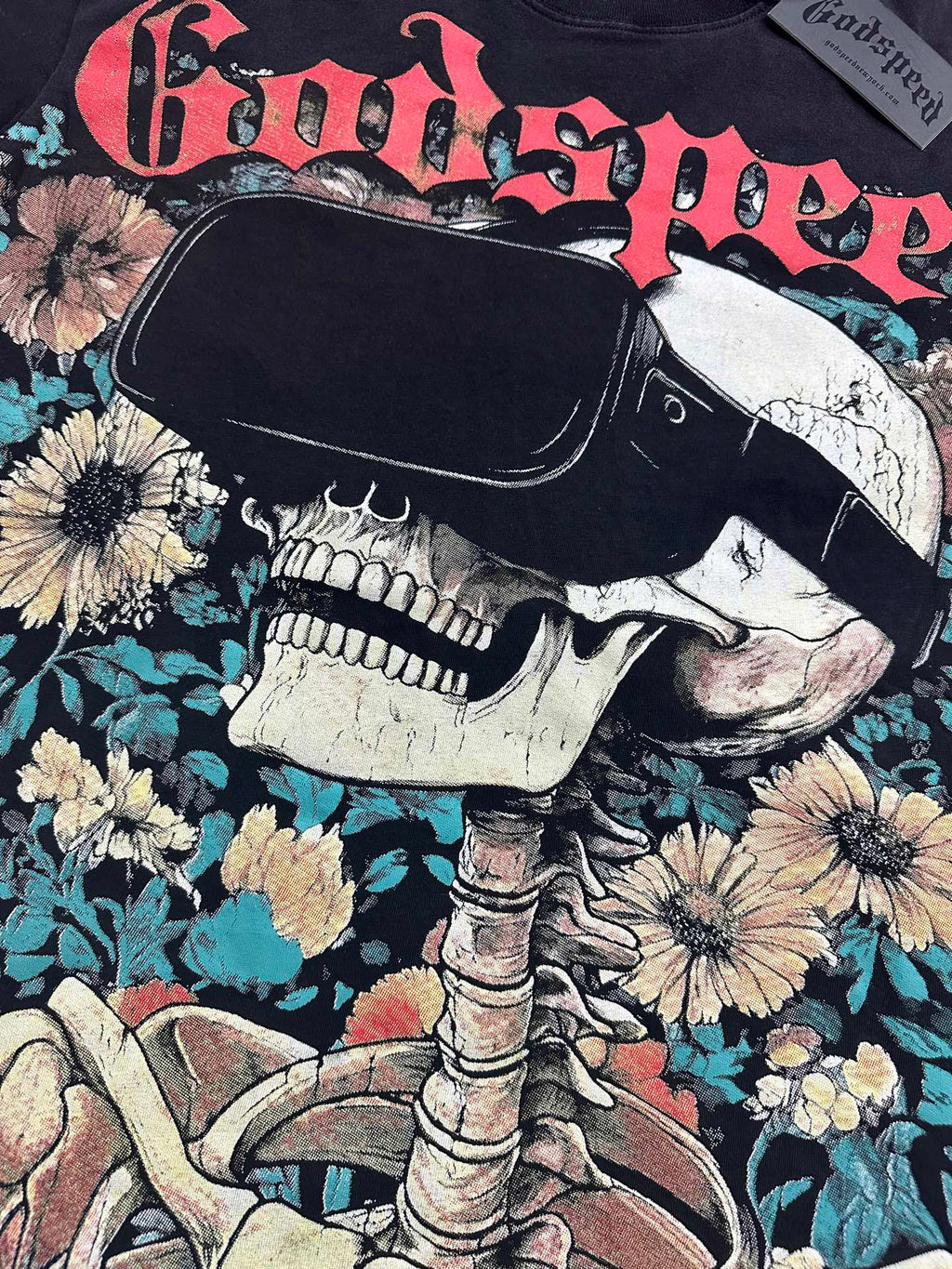 Godspeed VR‑Headset Skeleton Floral Vintage Short‑Sleeve Tee (Washed Black)