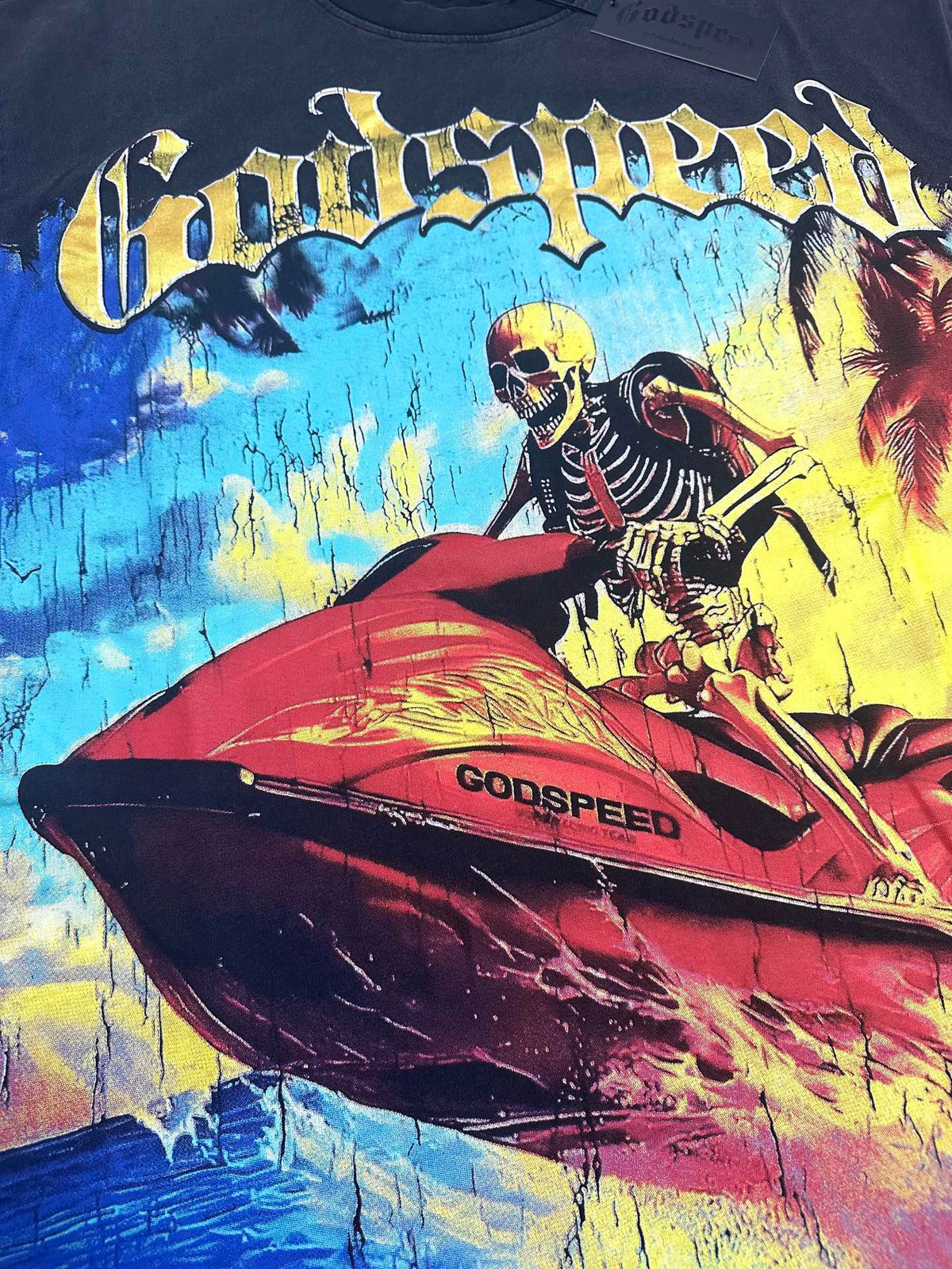 Godspeed Skeleton Jet‑Ski Summer Vintage Short‑Sleeve Tee (Washed Black)