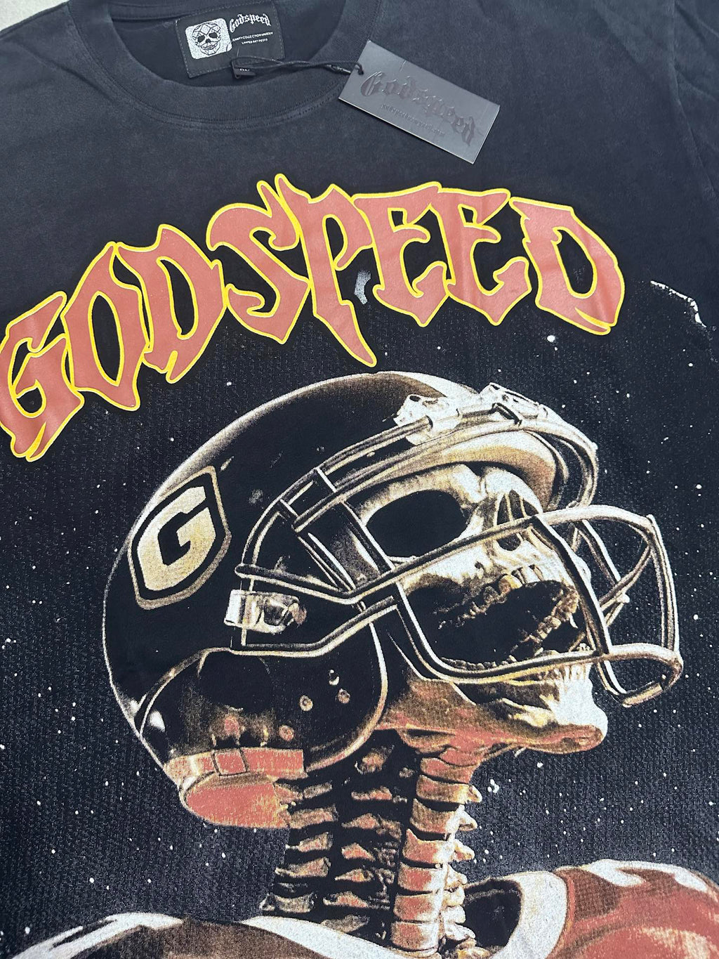 Godspeed Football Skeleton Vintage Short‑Sleeve Tee (Washed Black)