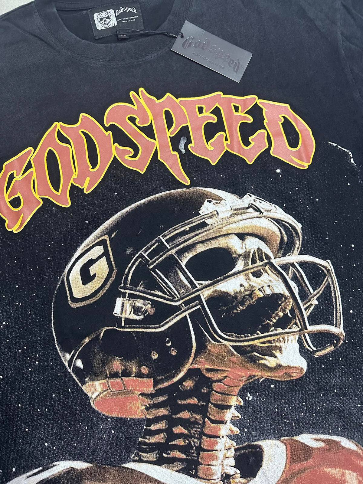 Godspeed Football Skeleton Vintage Short‑Sleeve Tee (Washed Black)