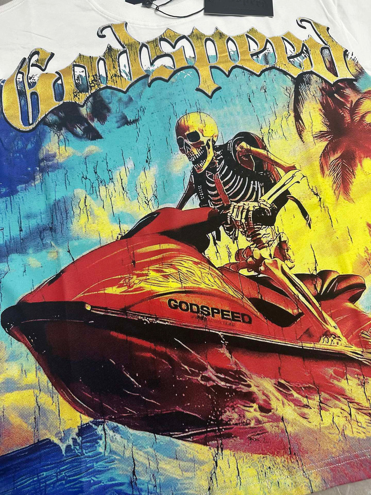 Godspeed Skeleton Jet‑Ski Summer Vintage Short‑Sleeve Tee (White)