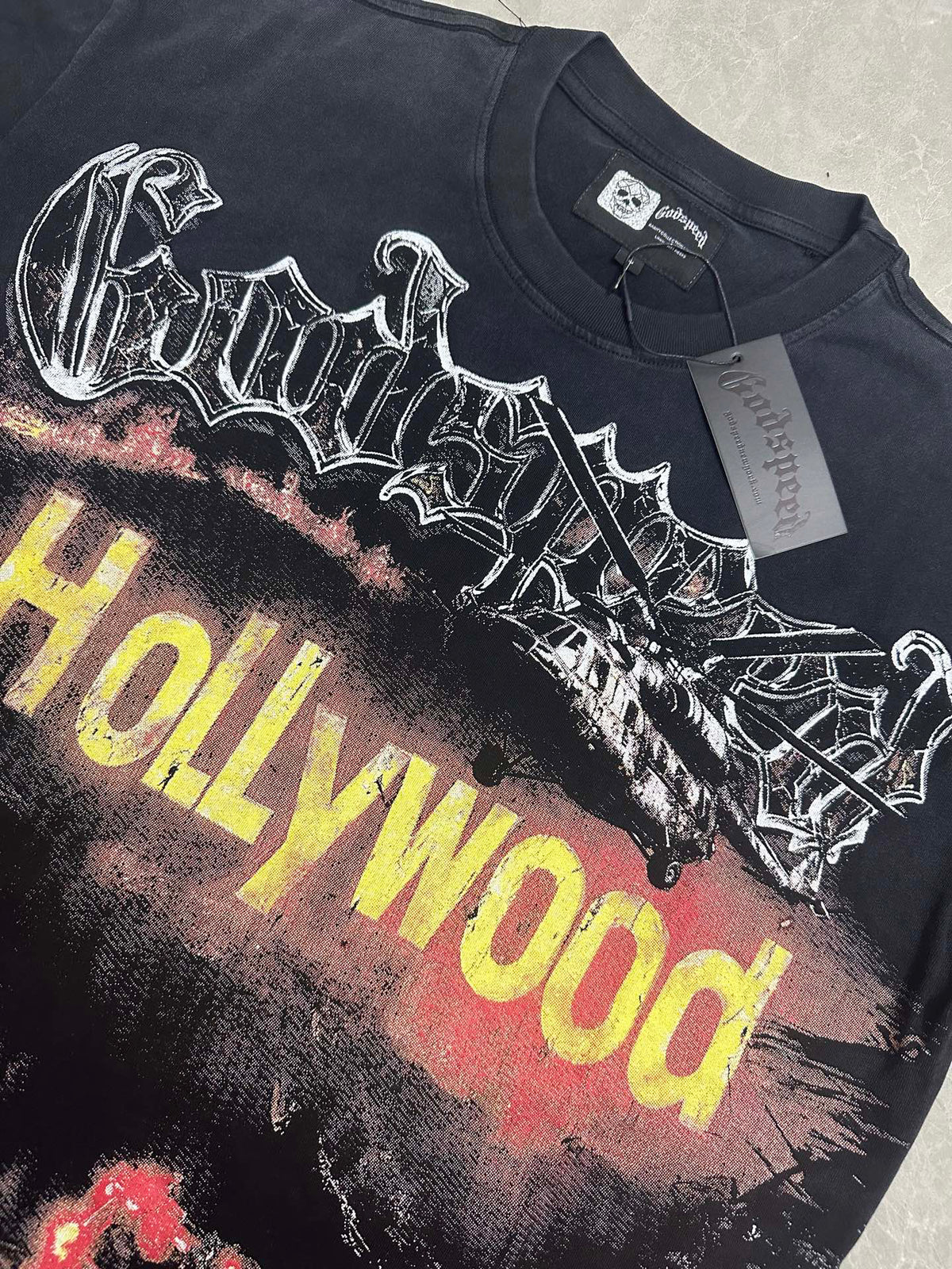 Godspeed Hollywood Pray For Los‑Angeles Vintage Short‑Sleeve Tee (Washed Black)