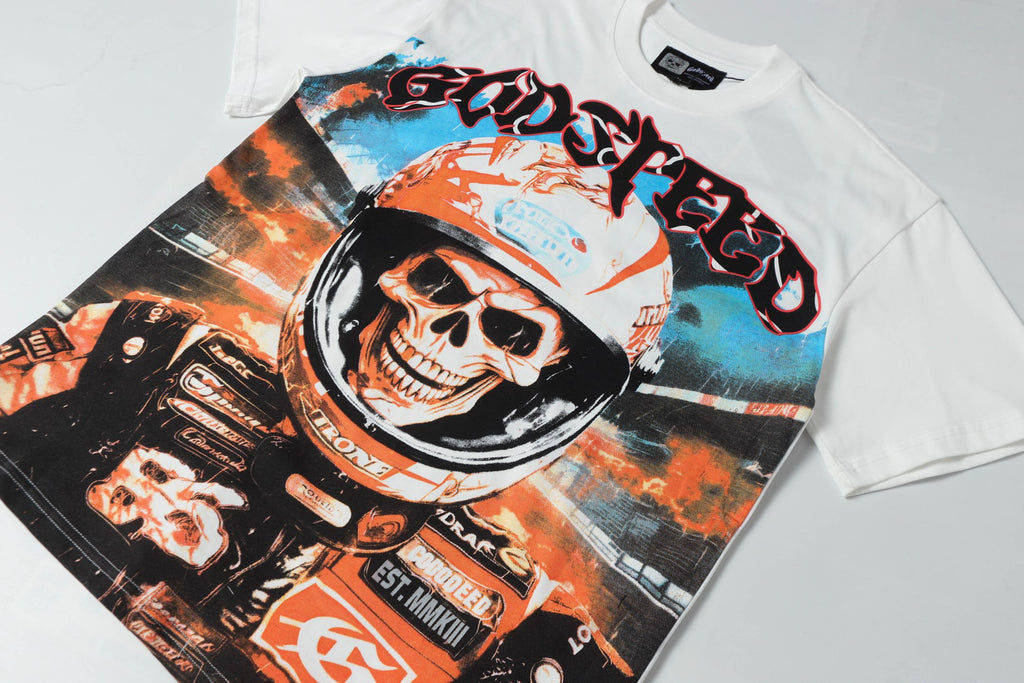 Godspeed Skull Racer Vintage Short‑Sleeve Tee (White)