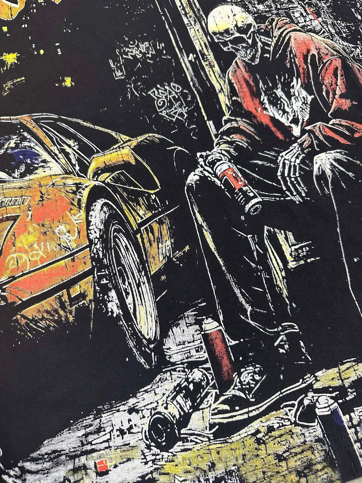 Godspeed Night City Skeleton Sports Car Vintage Short‑Sleeve Tee (Washed Black)